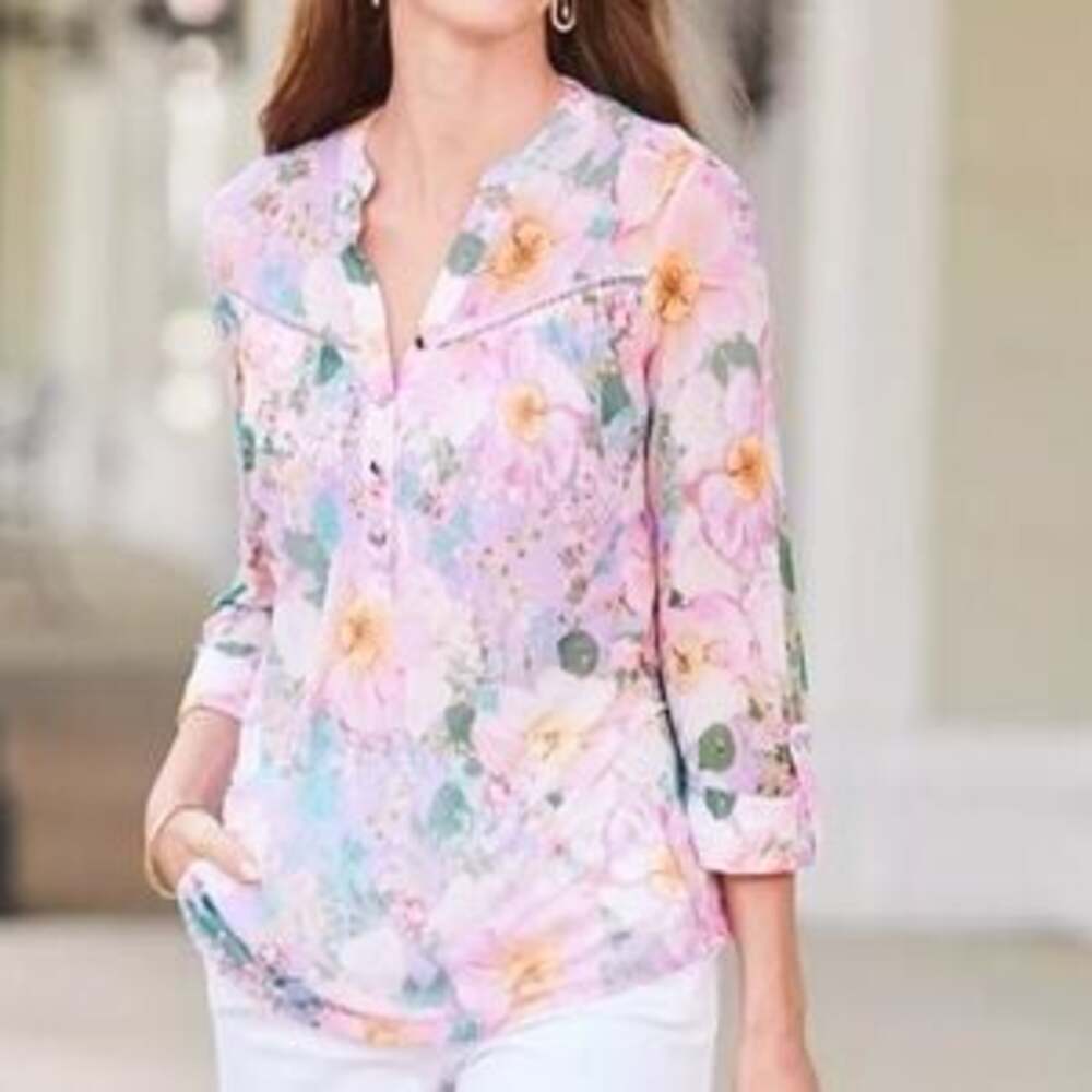 Juniper + Lime Women's Floral Print Sheer Chiffon Button-Up Blouse, Petite Small